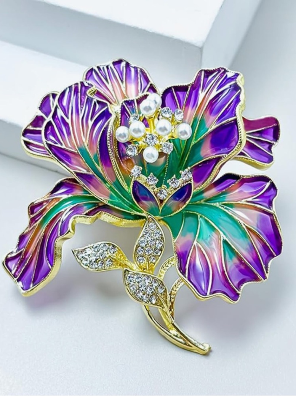 New Gold-Plated Purple & Teal Floral Brooch with Pearls and Crystals - Picture 2 of 4